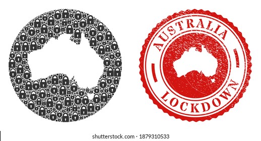 Vector mosaic Australia map of locks and grunge LOCKDOWN stamp. Mosaic geographic Australia map constructed as stencil from round shape with black locks.