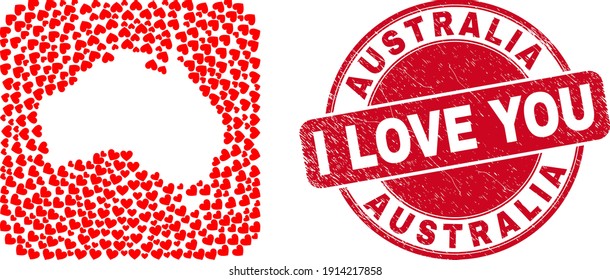 Vector mosaic Australia map of valentine heart elements and grunge love seal stamp. Mosaic geographic Australia map designed as subtraction from rounded square with love hearts.