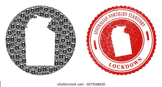 Vector mosaic Australian Northern Territory map of locks and grunge LOCKDOWN seal. Mosaic geographic Australian Northern Territory map designed as hole from circle with black locks.