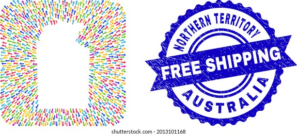 Vector mosaic Australian Northern Territory map of delivery arrows and rubber Free Shipping seal. Mosaic Australian Northern Territory map constructed as hole from rounded square shape with arrows.