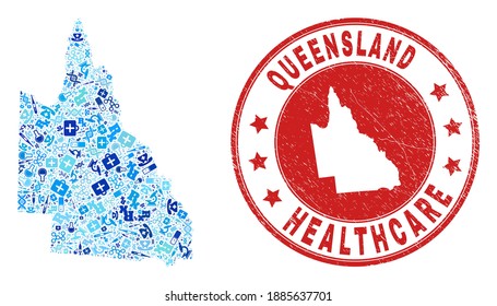 Vector mosaic Australian Queensland map with injection icons, first aid symbols, and grunge health care seal stamp.