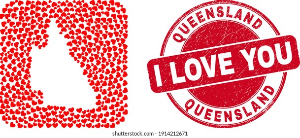 Mosaico vectorial del mapa australiano de Queensland de los ítems del corazón de amor y sello de amor grunge. Mapa geográfico musulmán australiano de Queensland creado como forma tallada de cuadrado redondeado con corazones de amor.