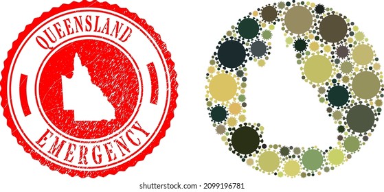 Vector mosaic Australian Queensland map of SARS virus items and grunge EMERGENCY stamp.