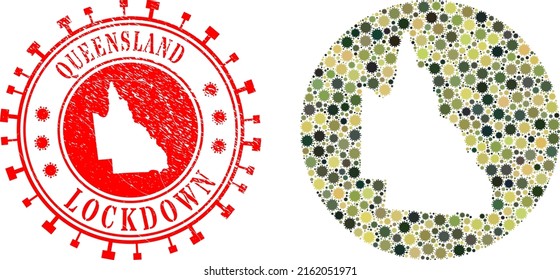 Vector mosaic Australian Queensland map of covid-2019 items and grunge LOCKDOWN badge.