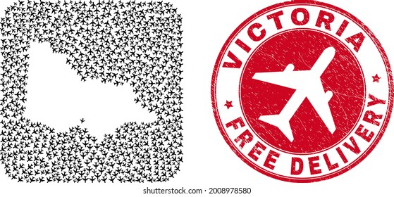 Vector mosaic Australian Victoria map of aviation items and grunge Free Delivery stamp.