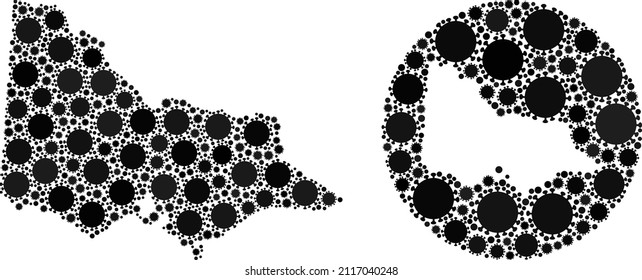 Vector mosaic Australian Victoria map of SARS virus elements. Mosaic geographic Australian Victoria map created as hole from round shape with SARS virus items in black colors.