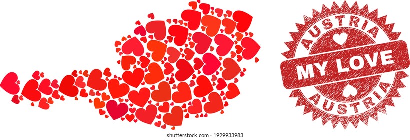 Vektor Mosaik Austria Karte von Liebesherzen und Grunge My Love Siegel Stempel. Mosaik geographische Karte Österreichs mit schönen Herzen erstellt.