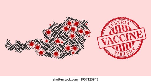 Vector mosaic Austria map of SARS virus, treatment icons, and red grunge vaccine seal stamp. Virus particles and vaccine particles inside Austria map.