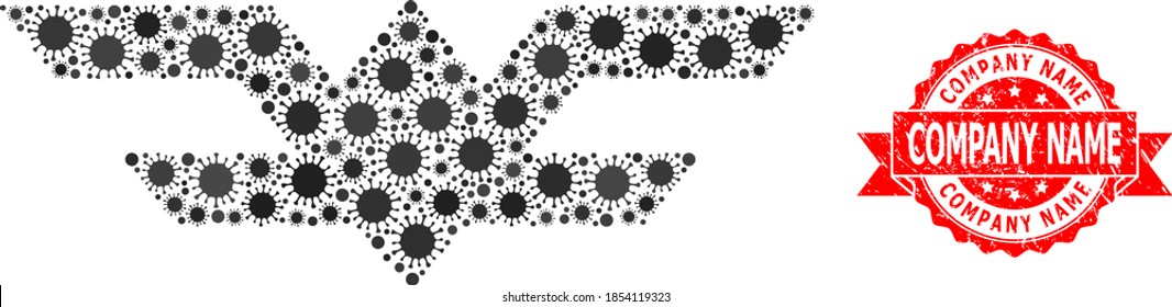 Símbolo de aviación de mosaico vectorial del virus SARS y sello de cinta corroída por el nombre de la compañía. Elementos de virus dentro del mosaico de símbolos de aviación. El sello rojo incluye el texto Nombre de la compañía dentro de la cinta.