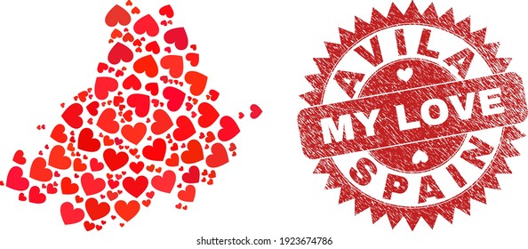 Vector mosaic Avila Province map of lovely heart elements and grunge My Love badge. Mosaic geographic Avila Province map created with lovely hearts.