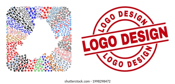 Vector mosaic Avila Province map of different icons and Logo Design seal. Mosaic Avila Province map created as subtraction from rounded square. Red round seal with Logo Design text.