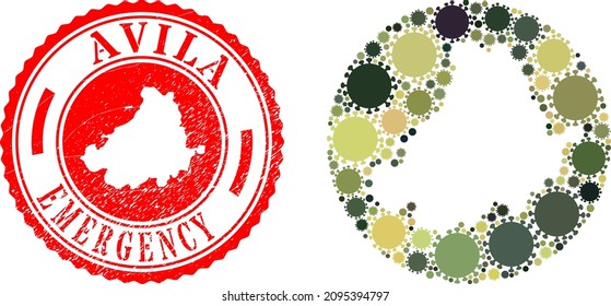 Vector mosaic Avila Province map of sars virus icons and grunge EMERGENCY seal stamp.