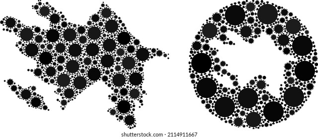 Vector mosaic Azerbaijan map of coronavirus items. Mosaic geographic Azerbaijan map constructed as subtraction from round shape with virus outbreak items in black color hues.