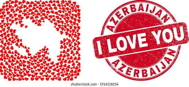 Mosaico vectorial mapa de Azerbaiyán de adorables elementos cardíacos y estampado de amor granuja. Mapa azerbaiyano geográfico mosaico construido en forma de cuadrado redondeado con encantadores corazones.