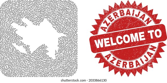Vector mosaic Azerbaijan map of straight arrows and rubber Welcome stamp. Mosaic geographic Azerbaijan map constructed as subtraction from rounded square shape with delivery arrows.