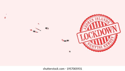 Vektormosaik Azoren-Inseln Karte des Corona-Virus, maskierte Männer und roten Grunge-Absperrstempel. Virusartikel und Männer in Masken innerhalb der Azoren-Inselkarte.