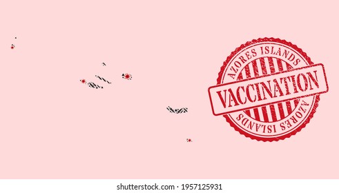 Mapa de Azores de mosaico vectorial del virus covid-2019, iconos de tratamiento y sello de la vacuna de grunge rojo. Elementos de virus y de tratamiento dentro del mapa de las islas Azores.