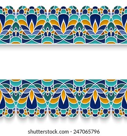 Vector mosaic background with border ornament of ceramic tiles, colorful majolica decoration on white