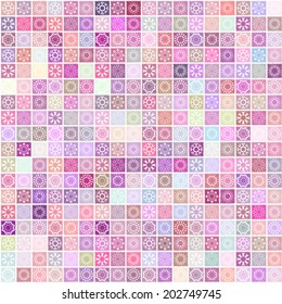 Vector mosaic background with scribble texture and simple ethnic decorative elements. Seamless geometric pattern.