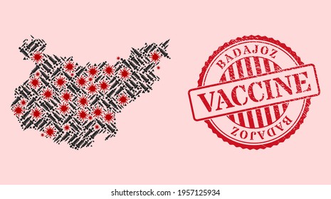 Vector mosaic Badajoz Province map of corona virus, vaccine icons, and red grunge vaccine seal. Virus items and treatment items inside Badajoz Province map.