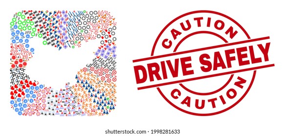 Vector mosaic Badajoz Province map of different icons and Caution Drive Safely seal stamp. Collage Badajoz Province map created as stencil from rounded square shape.