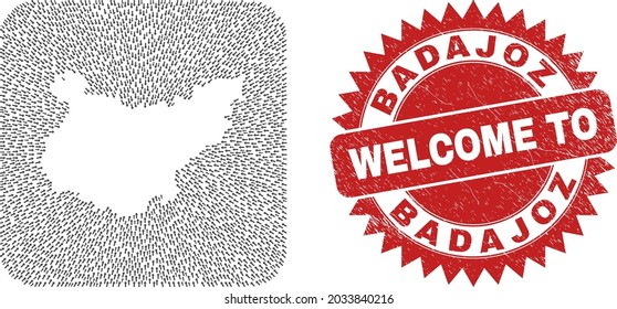 Vector mosaic Badajoz Province map of motion arrows and scratched Welcome seal stamp. Collage geographic Badajoz Province map created as carved shape from rounded square shape with straight arrows.