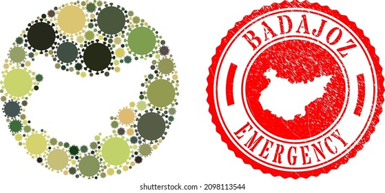 Vector mosaic Badajoz Province map of covid virus elements and grunge EMERGENCY badge.