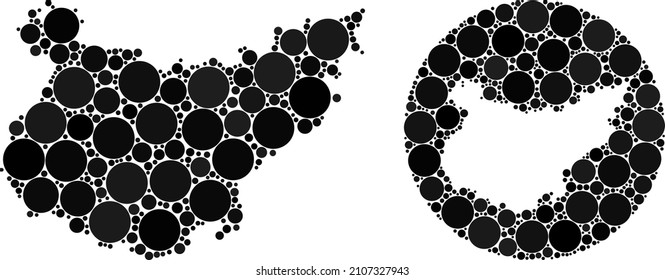 Vector mosaic Badajoz Province map of sphere items. Mosaic geographic Badajoz Province map constructed as hole from round shape with round items in black color hues.
