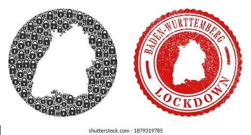 Vector mosaic Baden-Wurttemberg Land map of locks and grunge LOCKDOWN stamp. Mosaic geographic Baden-Wurttemberg Land map constructed as hole from circle with black locks.