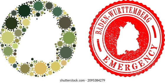 Vector mosaic Baden-Wurttemberg Land map of covid-2019 elements and grunge EMERGENCY seal.