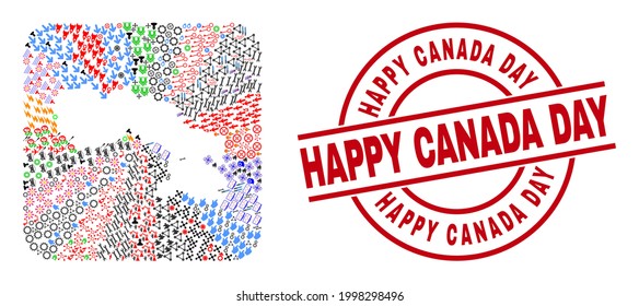 Vector mosaic Baffin Island map of different icons and Happy Canada Day seal. Mosaic Baffin Island map designed as subtraction from rounded square shape. Red round stamp with Happy Canada Day text.