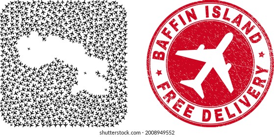 Vector mosaic Baffin Island map of aircraft items and grunge Free Delivery badge. Mosaic geographic Baffin Island map designed as hole from rounded square with flying away aeroplanes.