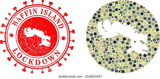 Vector mosaic Baffin Island map of flu virus icons and grunge LOCKDOWN seal.