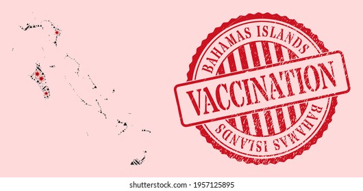 Vector mosaic Bahamas Islands map of SARS virus, treatment icons, and red grunge vaccination stamp. Virus elements and dose items inside Bahamas Islands map.