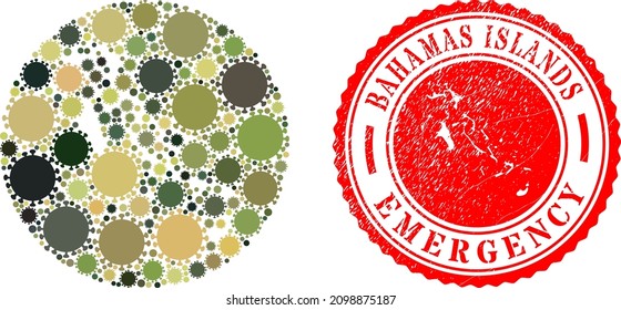 Vector mosaic Bahamas Islands map of virus outbreak icons and grunge EMERGENCY seal stamp.