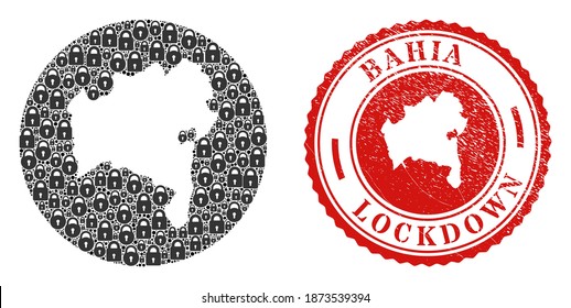 Mapa del estado de las cerraduras y el sello del sello de RELOJ de mosaico vectorial Bahia. Mapa geográfico mosaico del estado de Bahía construido como sustracción de forma redonda con cerraduras negras.