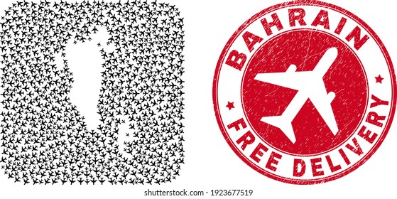 Vector mosaic Bahrain map of air force elements and grunge Free Delivery badge. Mosaic geographic Bahrain map created as subtraction from rounded square shape using flying out air force symbols.