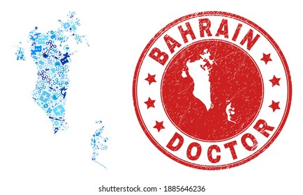 Vector mosaic Bahrain map with medical icons, analysis symbols, and grunge healthcare stamp. Red round watermark with grunge rubber texture and Bahrain map tag and map.