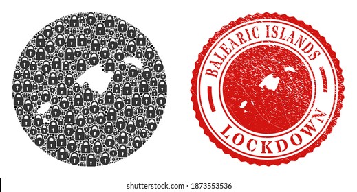 Vector mosaic Balearic Islands map of locks and grunge LOCKDOWN seal stamp. Mosaic geographic Balearic Islands map designed as carved shape from circle with black locks.