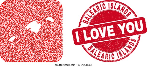 Vector mosaic Balearic Islands map of love heart elements and grunge love stamp. Mosaic geographic Balearic Islands map designed as carved shape from rounded square using love hearts.