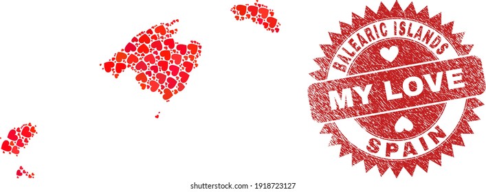 Vector mosaic Balearic Islands map of lovely heart elements and grunge My Love seal stamp. Mosaic geographic Balearic Islands map constructed with love hearts.