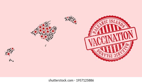 Vector mosaic Balearic Islands map of flu virus, injection icons, and red grunge vaccination seal. Virus particles and vaccination particles inside Balearic Islands map.