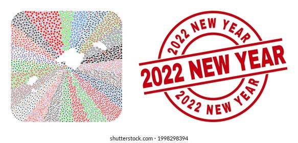 Vector mosaic Balearic Islands map of different pictograms and 2022 New Year seal stamp. Mosaic Balearic Islands map created as hole from rounded square. Red round stamp with 2022 New Year caption.