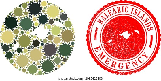 Vector mosaic Balearic Islands map of sars virus elements and grunge EMERGENCY seal.