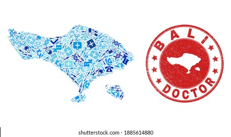 Vector mosaic Bali map with injection icons, receipt symbols, and grunge healthcare watermark. Red round imprint with corroded rubber texture and Bali map text and map.