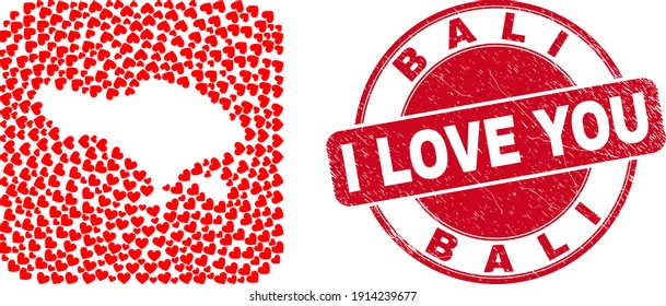 Mosaico vectorial mapa de Bali de elementos valentinos del corazón y placa de amor de grunge. Mapa geográfico mosaico de Bali diseñado como un agujero de la plaza redondeada con encantadores corazones.