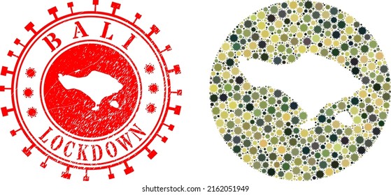 Vektor-Mosaik Bali Karte der Virus-Symbole und Grunge LOCKDOWN-Siegel. Mosaik geographische Bali-Karte, die als Schablone aus runder Form mit Sars-Virus-Symbolen in Tarnung Armeefarben konstruiert wurde.