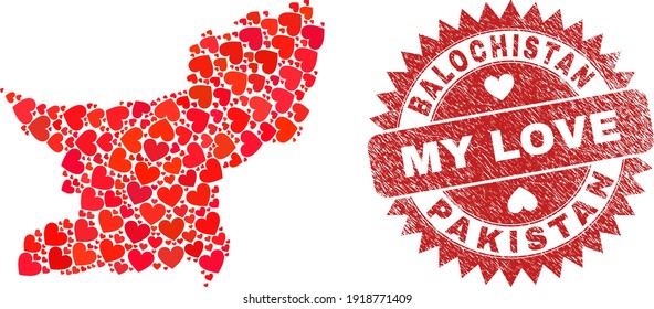 Vector mosaic Balochistan Province map of valentine heart items and grunge My Love stamp. Mosaic geographic Balochistan Province map created with valentine hearts.