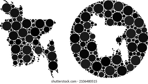 Vector mosaic Bangladesh map of circle elements. Mosaic geographic Bangladesh map designed as stencil from circle with sphere dots in black colors. Dotted vector mosaic Bangladesh map.