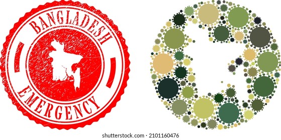 Mapa de mosaico vectorial de Bangladesh de elementos del virus de la gripe y sello de EMERGENCIA grunge.